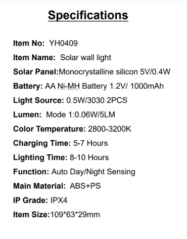YH0409 Solar wall light 1.2V/ 1000mAh 1:0.06W/5LM