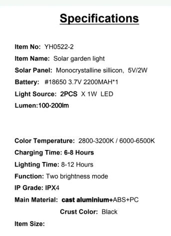 YH0522-2 Specifications Monocrystalline sillicon, 5V/2W Lumen:100-200lm