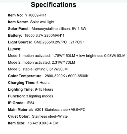 YH0609-PIR Solar Panel: Monocrystalline sillicon, 5V 1.5V Light Source:SMD2835/0.2W/PC(21PCS)