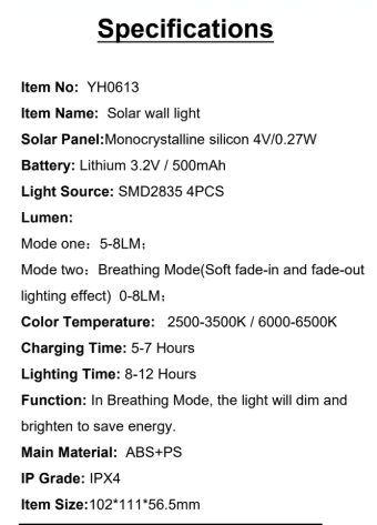 YH0613 Specifications Solar Panel:Monocrystalline silicon 4V/0.27W Light Source: SMD2835 4PCS
