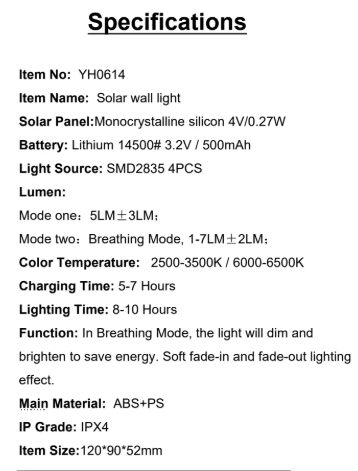 YH0614 Specifications Solar Panel:Monocrystalline silicon 4V/0.27V Light Source: SMD2835 4PCS