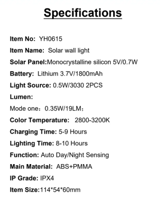 YH0615 Specifications Solar Panel:Monocrystalline silicon 5V/0.7V Light Source: 0.5W/3030 2PCS