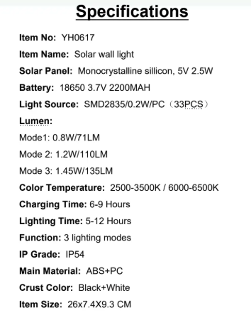 YH0617 Specifications Solar Panel: Monocrystalline sillicon, 5V 2.5W Light Source:SMD283510.2W/PC(33PCS)