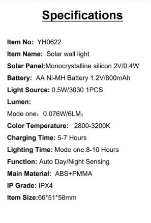 YH0622 Specifications Solar Panel:Monocrystalline silicon 2V/0.4V Light Source: 0.5W/3030 1PCS
