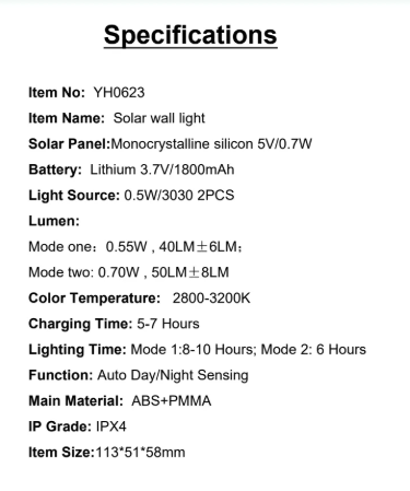 YH0623 Specifications Solar Panel:Monocrystalline silicon 5V/0.7V Light Source:0.5W/3030 2PCS