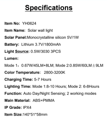 YH0624-3 Specifications Solar Panel:Monocrystalline silicon 5V/1W Light Source: 0.5W/3030 3PCS