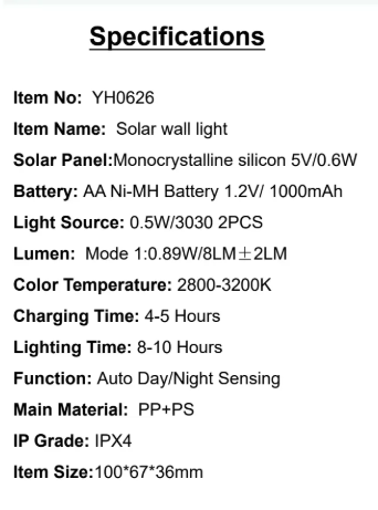 YH0626 Specifications Solar Panel:Monocrystalline silicon 5V/0.6V Light Source: 0.5W/3030 2PCS