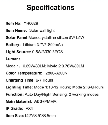 YH0628 Specifications Solar Panel:Monocrystalline silicon 5V/1.5W Light Source:0.5W/3030 3PCS