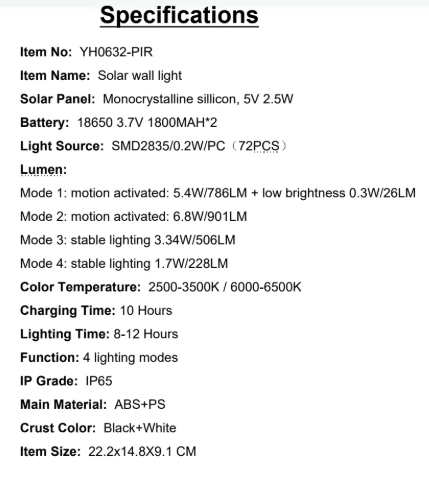 YH0632-PIR Specifications Solar Panel: Monocrystalline silicon, 5V 2.5W Light Source:SMD2835/0.2W/PC(72PCS)