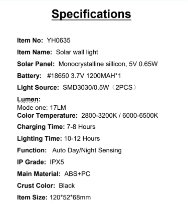 YH0635 Specifications Solar Panel: Monocrystalline sillicon, 5V 0.65W Light Source:SMD3030/0.5W(2PCS)