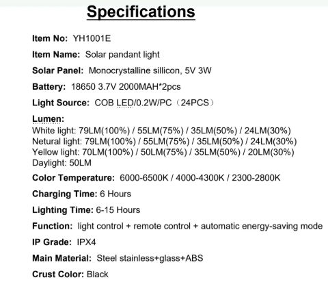 YH1001E Specifications Solar Panel: Monocrystalline sillicon, 5V 3W Light Source: COB LED/0.2W/PC(24PCS)