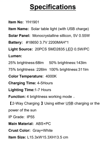 YH1901 Specifications Solar Panel: Monocrystalline silicon, 5V 0.55W Light Source: 20PCS SMD2835 LED 0.5W/PC