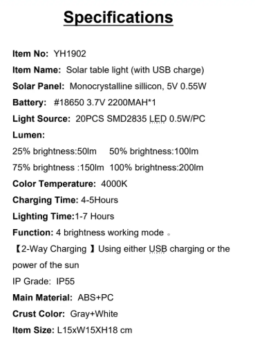 YH1902 Specifications Solar Panel: Monocrystalline sillicon, 5V 0.55V Light Source: 20PCs SMD2835 LED 0.5W/PC