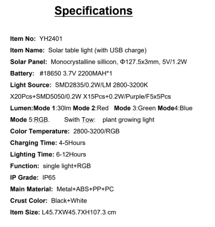 YH2401 Specifications Solar Panel: Monocrystalline sillicon,127.5x3mm,5V/1.2W Light Source:SMD2835/0.2W/LM 2800-3200KX20Pcs+SMD5050/0.2WX15Pcs+0.2W/Purple/F5x5Pcs