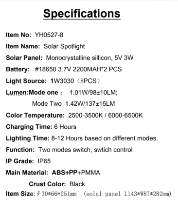 YH0527-8 Specifications Solar Panel: Monocrystalline sillicon, 5V 3V Light Source:1W3030(8PCS)