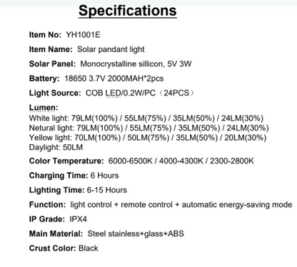 YH1001E Specifications Solar Panel: Monocrystalline sillicon, 5V 3W Light Source: COB LED/0.2W/PC(24PCS)